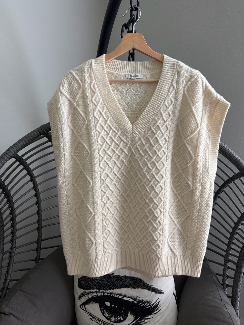 New Madewell Cream Cable Knit V-Neck Sweater M - Picture 3 of 6